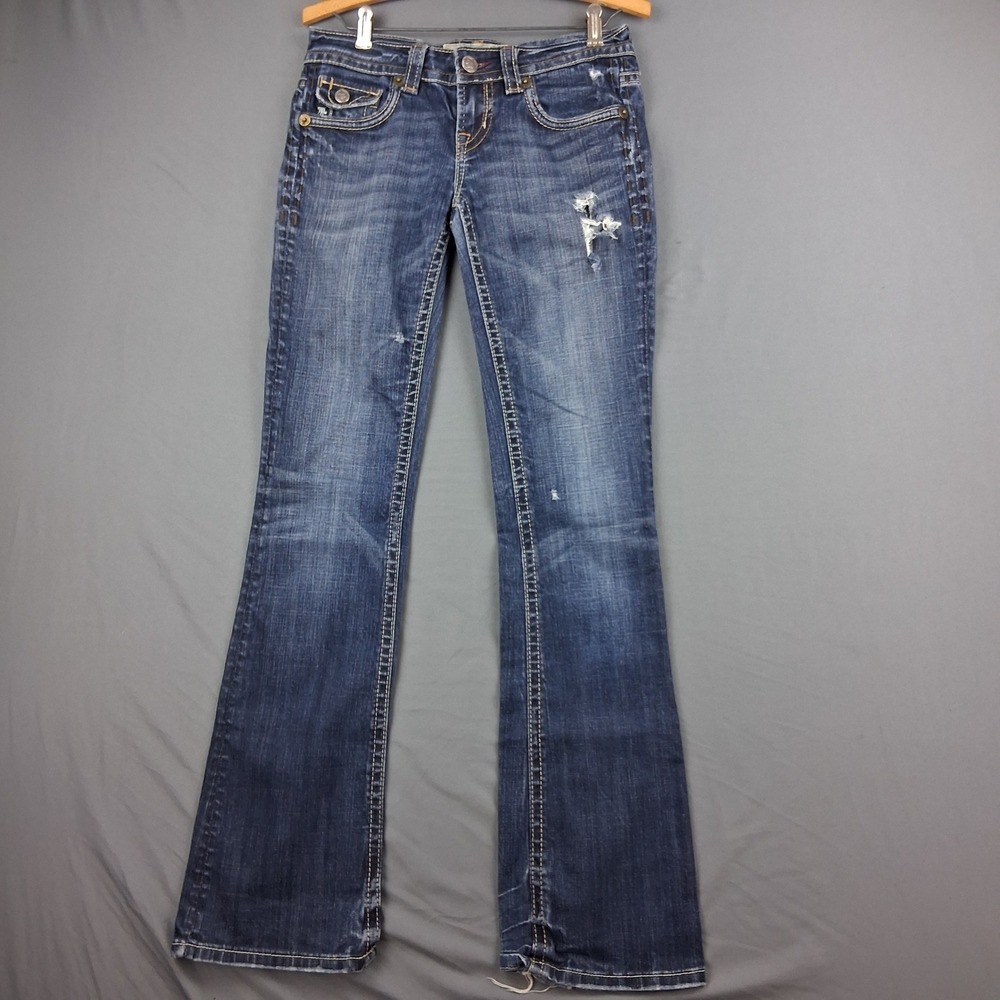 MEK Denim Santiago Bootcut Jeans 26/34 Dark Wash Distressed Low Rise Embroidered